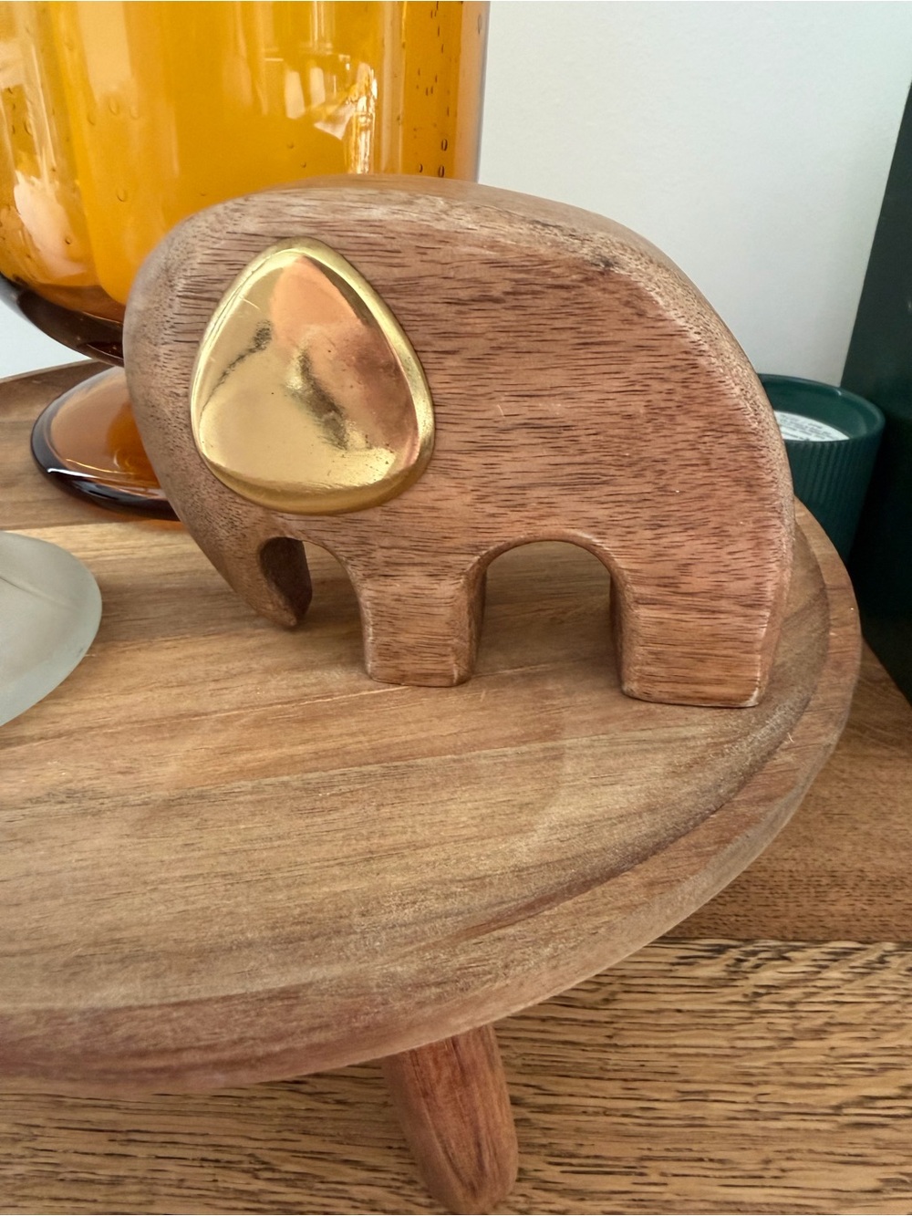 Crate & Barrel mango wood and brass elephant sculpture